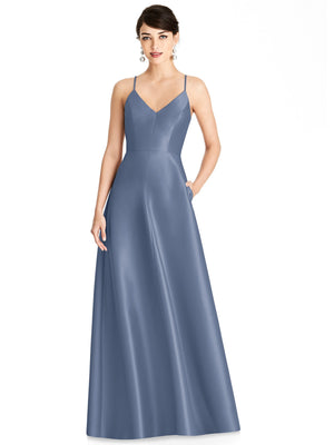 Blue satin V-neck maxi dress with thin spaghetti straps and full A-line skirt