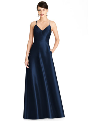 Midnight navy satin V-neck maxi dress with thin straps and full skirt; front view