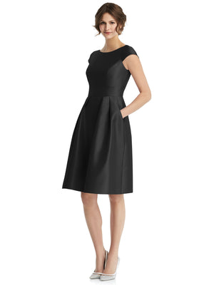 Black cap-sleeve pleated cocktail dress with fitted bodice and flared skirt