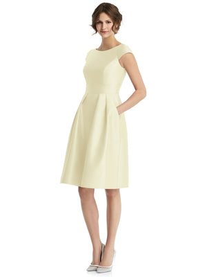 Cap-sleeve pleated cocktail dress with V-neck, fitted bodice, flared skirt in pale cream