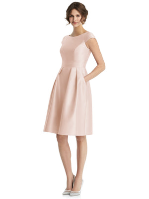 Soft pink cap-sleeve pleated cocktail dress with V-back and fitted waist, knee-length