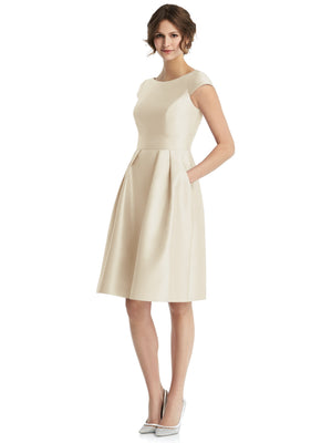 Cap-sleeve pleated cocktail dress in ivory, V-neck with flared pleated skirt
