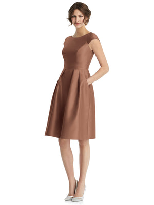 Brown cap-sleeve pleated cocktail dress with V-neck back and fitted waist, knee-length