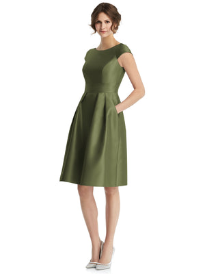 Cap-sleeve pleated cocktail dress with V-neck, fitted bodice, flared skirt in olive green