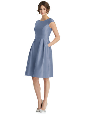 Blue cap-sleeve pleated cocktail dress with fitted bodice and flared skirt