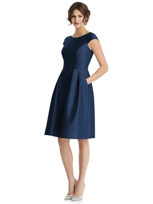 Cap-sleeve pleated cocktail dress in dark navy, V-neck and flared skirt
