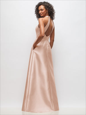 Light pink satin cutout high-neck dress with open back and adjustable straps