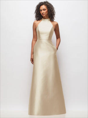 Ivory satin high-neck cutout dress, sleeveless with fitted bodice and long skirt