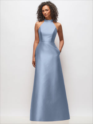 Powder blue satin high-neck cutout dress with sleeveless cut and tailored waist