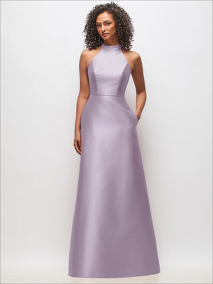 Lilac high-neck satin dress with back cutout, sleeveless, front view