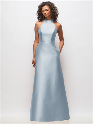 High-neck satin cutout dress, light blue, sleeveless, smooth fitted silhouette