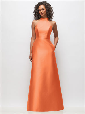 Orange satin high-neck sleeveless dress with fitted bodice and full skirt
