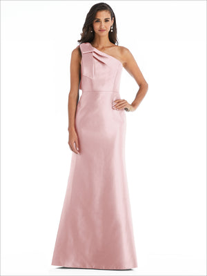 Rose-pink satin one-shoulder trumpet gown with draped bow detail
