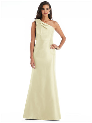 Cream satin one-shoulder trumpet gown with draped bow detail at shoulder