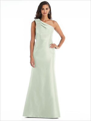 Sage satin one-shoulder trumpet gown with folded shoulder detail