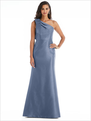 One-shoulder satin trumpet gown with bow, light blue, sleeveless fitted bodice