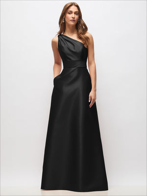 Black one-shoulder satin maxi dress with draped bodice and fitted waist