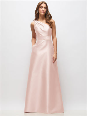 Blush satin one-shoulder maxi dress with draped waist, sleeveless, smooth A-line skirt.