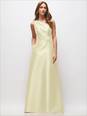Light ivory one-shoulder satin maxi dress with smooth draped bodice