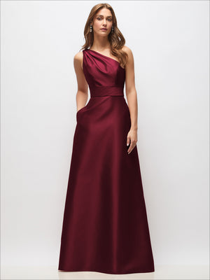Burgundy one-shoulder draped satin maxi dress with fitted waist