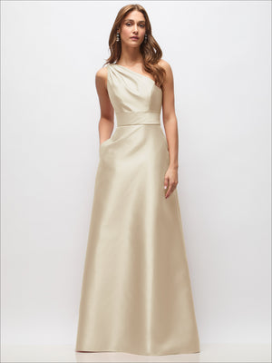 One-shoulder satin maxi dress with draped waist, ivory cream, sleeveless, with pockets