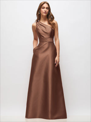 One-shoulder satin maxi dress with draped waist, chocolate brown, sleeveless, with pockets