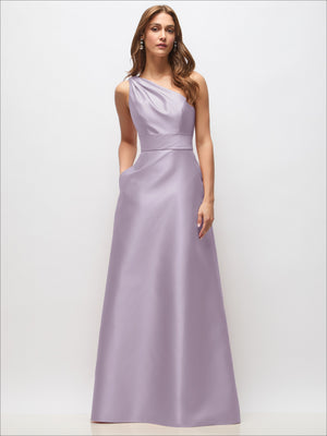 Lilac one-shoulder satin maxi dress with draped bodice, sleeveless, fitted waist