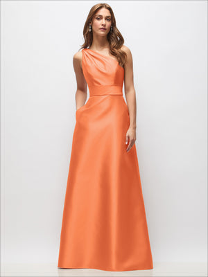 Peach one-shoulder satin maxi dress with draped bodice and seam detailing