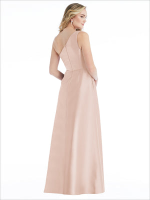 Blush one-shoulder satin maxi dress with draped bodice and pleated waist seams