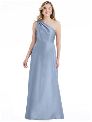 Lavender one-shoulder satin maxi dress with smooth drape and pleated skirt