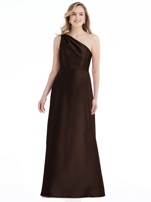 Dark brown one-shoulder satin maxi dress with draped pleats