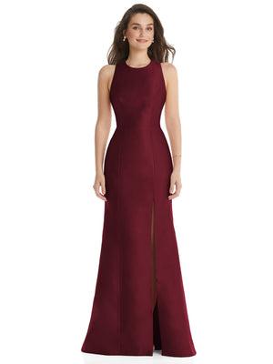 Burgundy jewel neck trumpet dress with sleeveless bodice and front slit