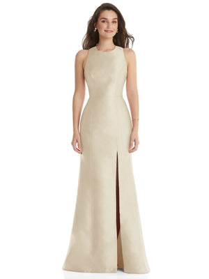 Ivory jewel-neck trumpet dress with front slit