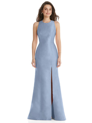 Lavender trumpet evening dress, sleeveless jewel neck, front slit hem