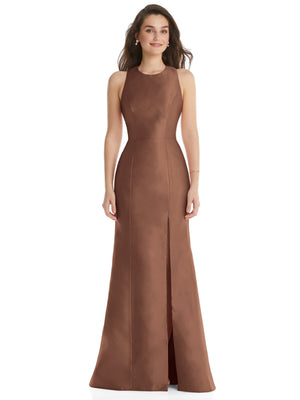Brown jewel-neck trumpet maxi dress with front slit