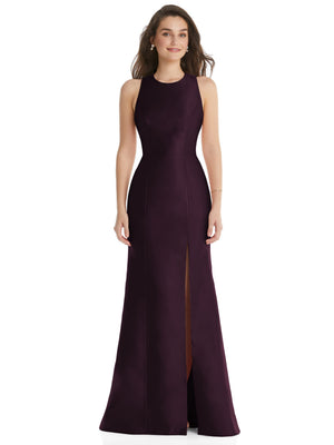 Jewel neck trumpet dress in burgundy with front slit, sleeveless