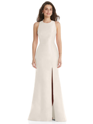 Ivory sleeveless trumpet gown with jewel neckline and center front slit