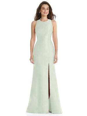 Pale mint green sleeveless jewel-neck trumpet dress with front slit and long flared hem