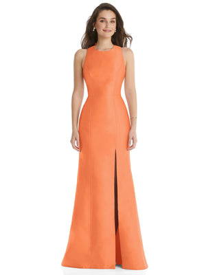 Peach jewel neck trumpet dress with front slit and sleeveless fitted bodice