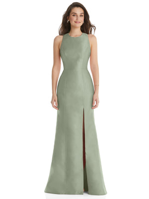 Muted sage green sleeveless jewel-neck trumpet dress with front slit and long flare