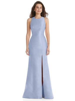 Lavender trumpet evening dress, sleeveless jewel neck, front slit at hem