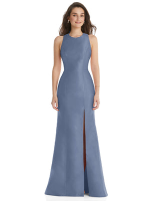 Powder blue sleeveless trumpet dress with jewel neckline and front slit