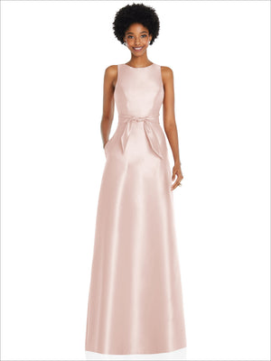 Ballet pink satin maxi dress, sleeveless with jewel neck and tied waist bow
