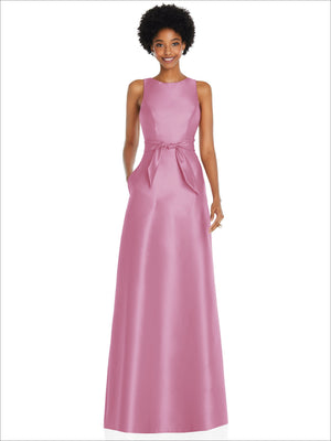 Blush satin maxi dress, sleeveless with jewel neck and waist sash bow