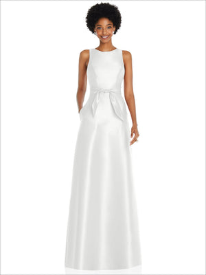 White jewel-neck sleeveless maxi dress with tied waist sash and smooth A-line skirt