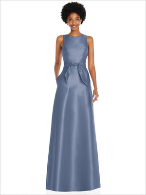 Blue sleeveless maxi dress with jewel neckline, V-back, and mini sash at waist