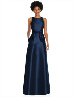 Navy sleeveless jewel-neck maxi dress with V-back and tied mini sash at waist.