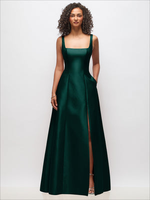 Sleeveless square-neck princess gown in deep green, with side slit and pockets