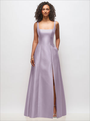 Sleeveless square-neck princess gown, lavender with side slit