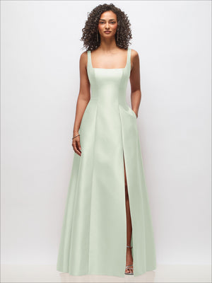 Mint green sleeveless square-neck princess gown with side slit and side pockets